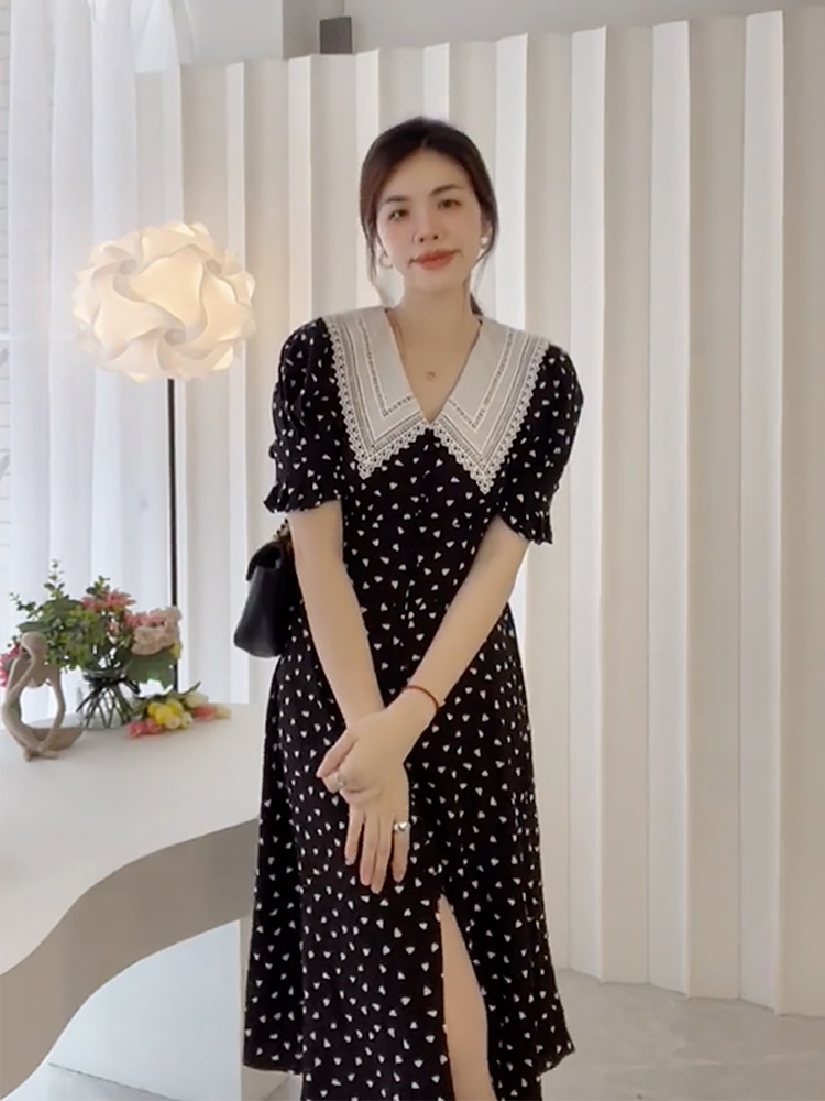 夏季女装新款法式气质名媛高级感黑色碎花惊艳连衣裙子御姐轻熟风