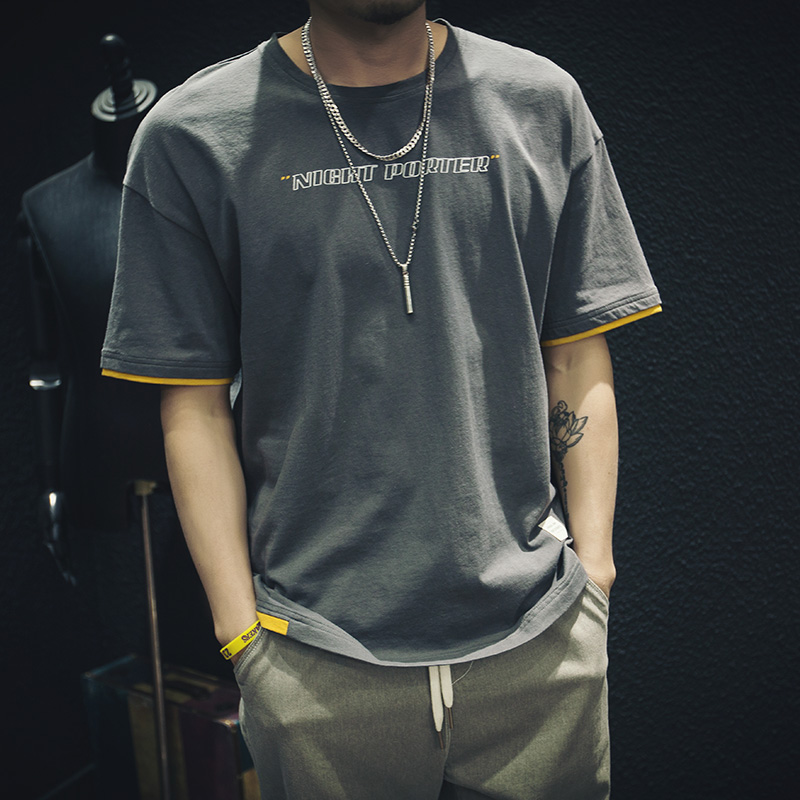 潮牌夏季短袖t恤男士ins港风大码宽松假两件简约半袖胖子加肥体恤