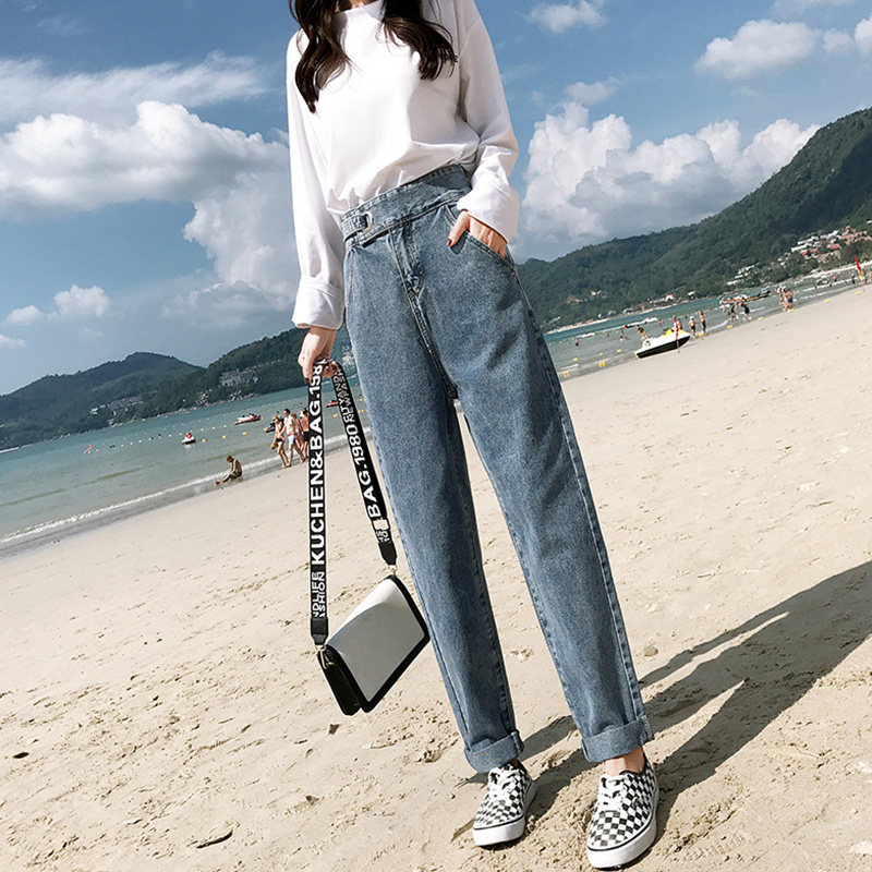 高腰老爹牛仔裤宽松萝卜怪味少女女裤直筒九分牛仔裤