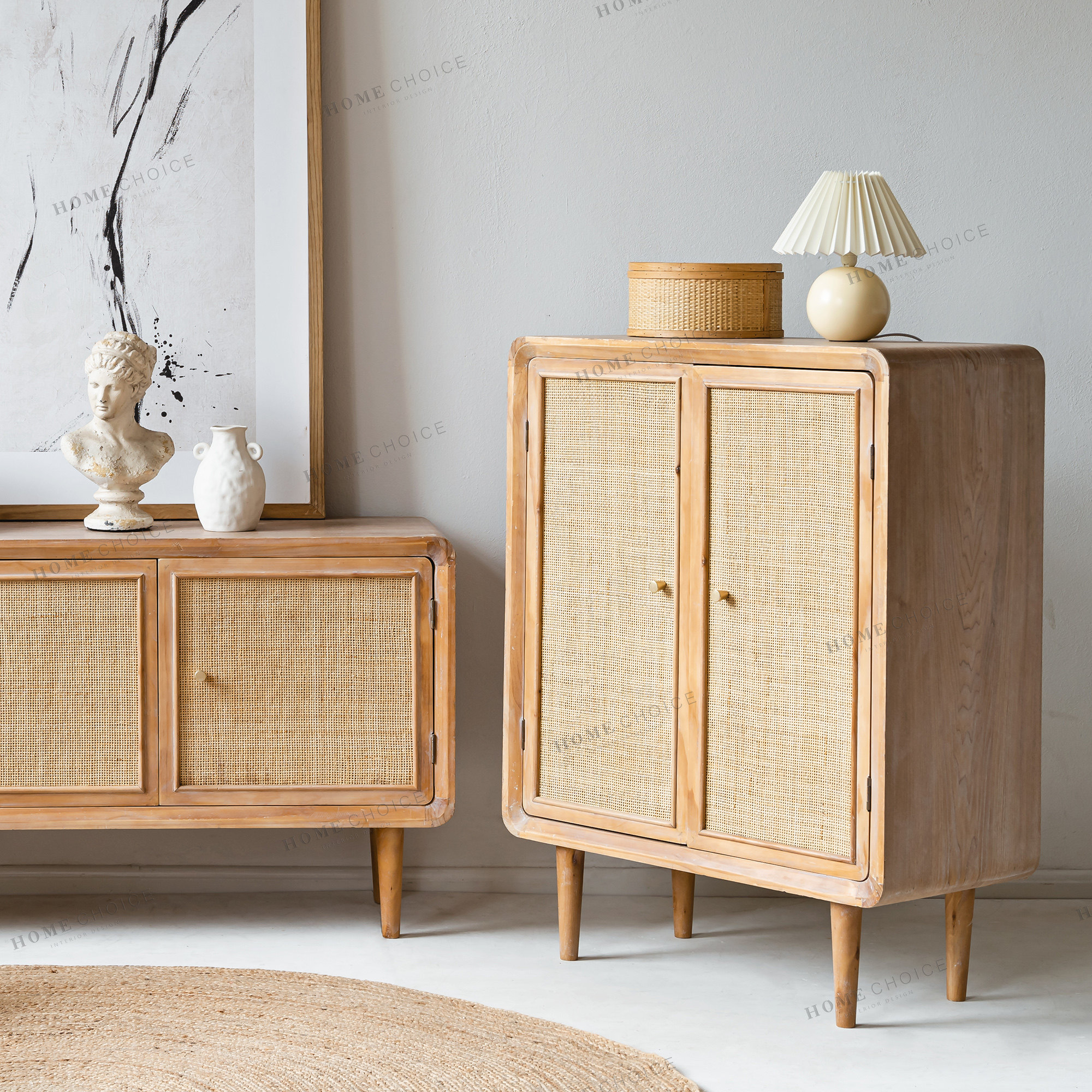 润家家居手工实木藤编双面开门玄关柜北欧格门厅