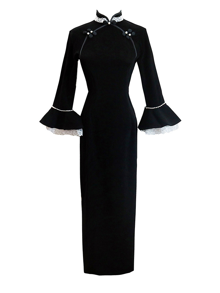 黑色旗袍2022年新款改良复古民国长袖高端气质旗袍