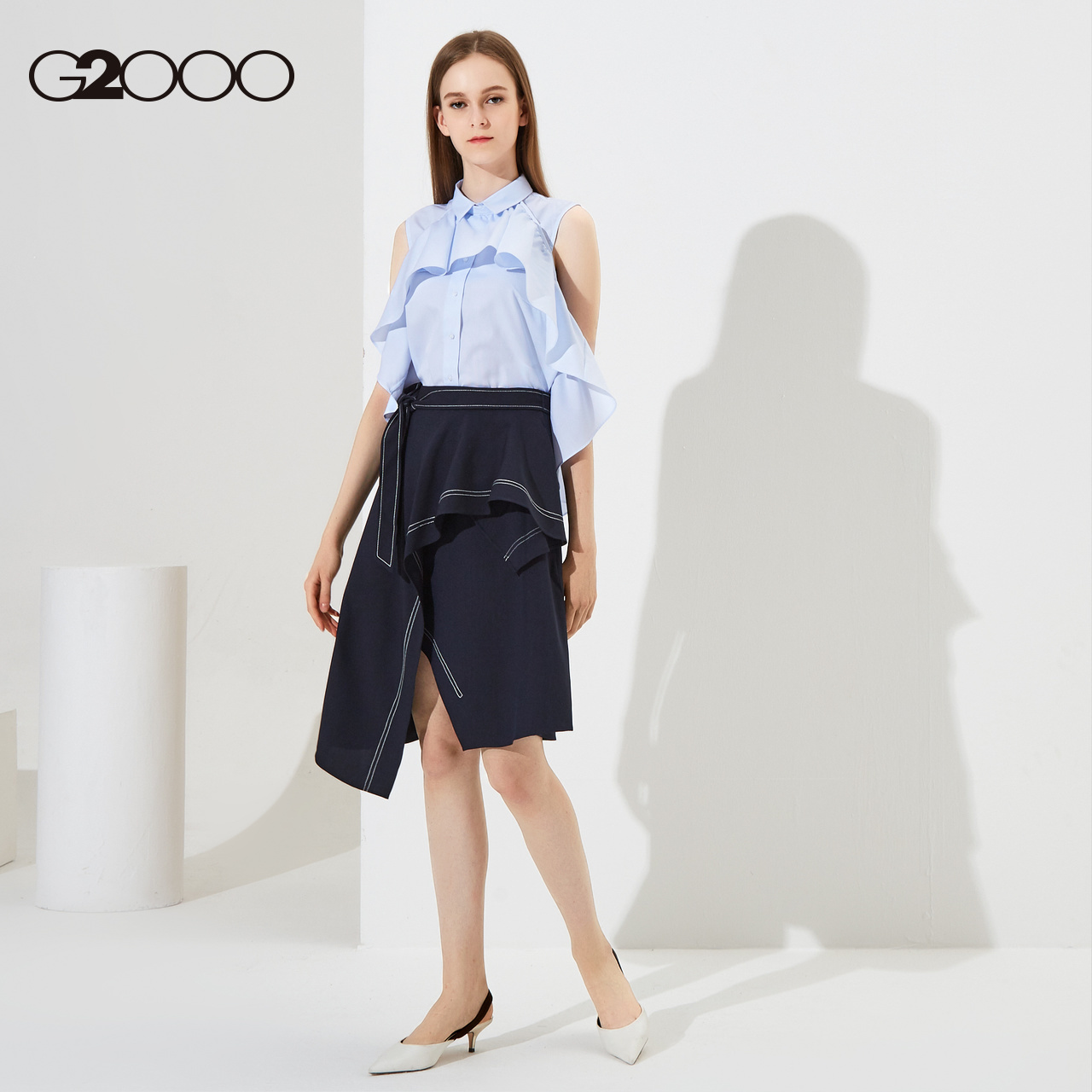 g2000女装休闲上衣 2018夏季新款可拆卸多穿荷叶拼接无袖条纹衬衫