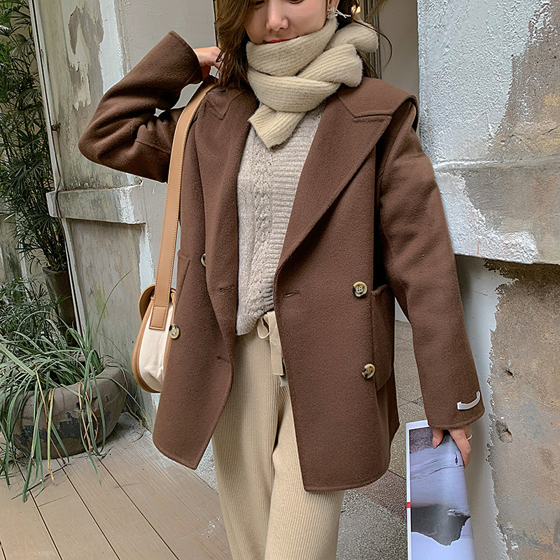 海军2022春秋韩式东大门双面羊绒大衣小个子短款毛呢外套