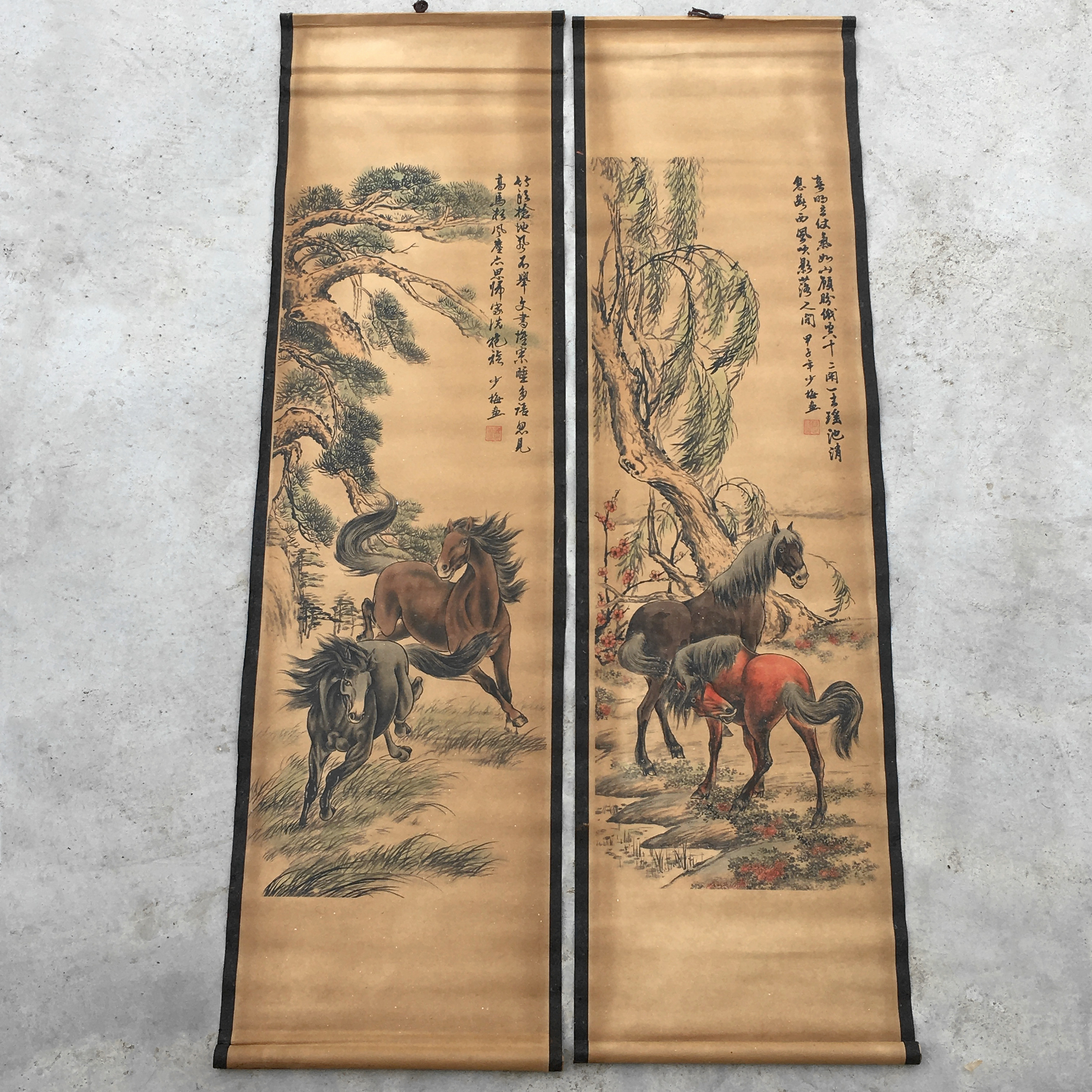 陈少梅字画国画收藏八马骏图四条屏挂画仿古家用国画