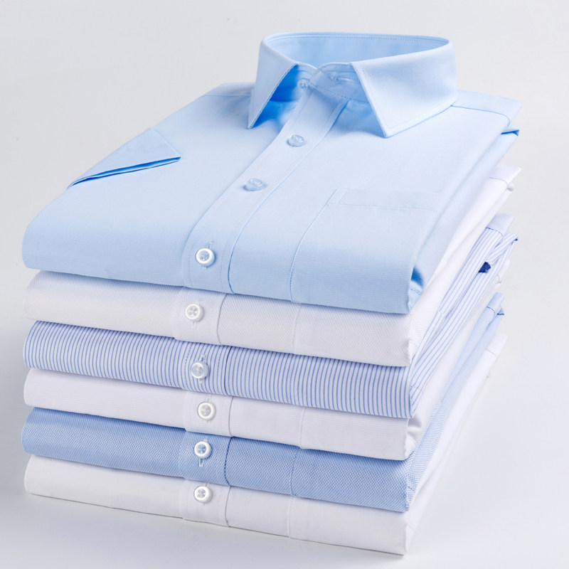 夏季液氨衬衣白衬衣正装免烫条纹短袖蓝色纯棉衬衫