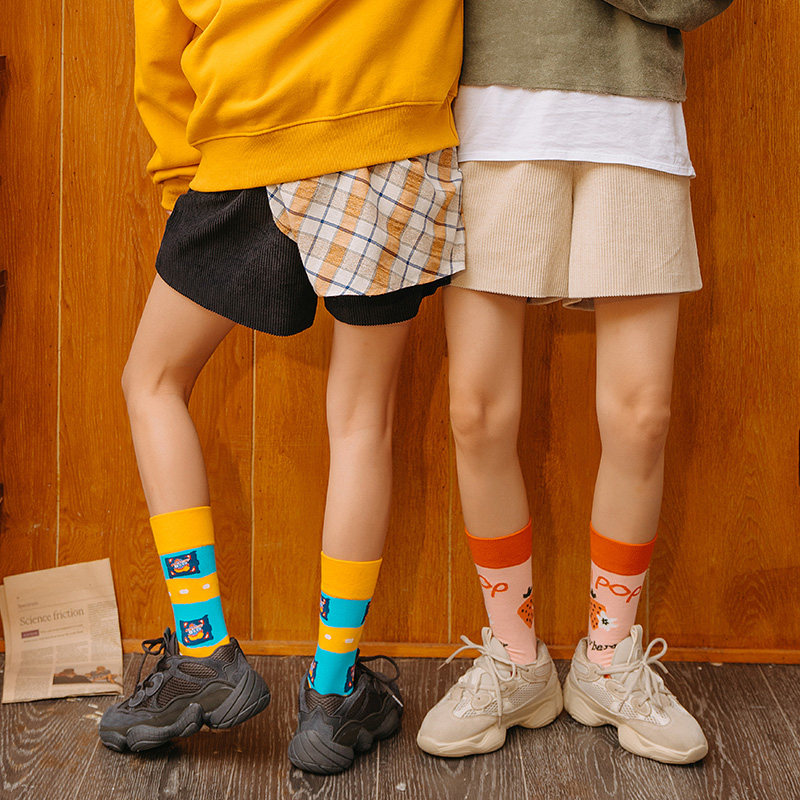 袜子女潮中筒袜日系可爱秋冬堆堆袜个性百搭橘色韩国长筒袜ins潮