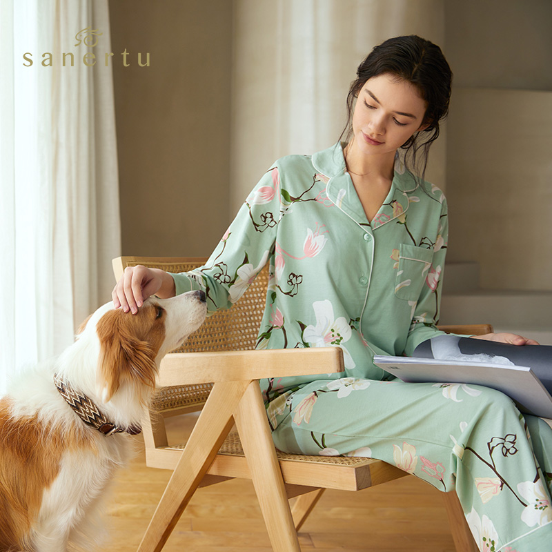 三耳兔春秋女士睡衣长袖开衫印花家居服上衣睡裤睡衣