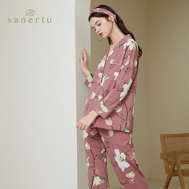 三耳兔春秋女士睡衣长袖开衫印花家居服上衣睡裤睡衣
