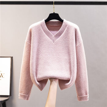 Sweater ຂອງແມ່ຍິງວ່າງດູໃບໄມ້ລົ່ນແລະລະດູຫນາວນອກໃສ່ V-neck chenille ຄໍເຕົ້າໄຂ່ທີ່ເກົາຫຼີ pullover imitation mink velvet ພາຍໃນຫນາ bottoming ເສື້ອ