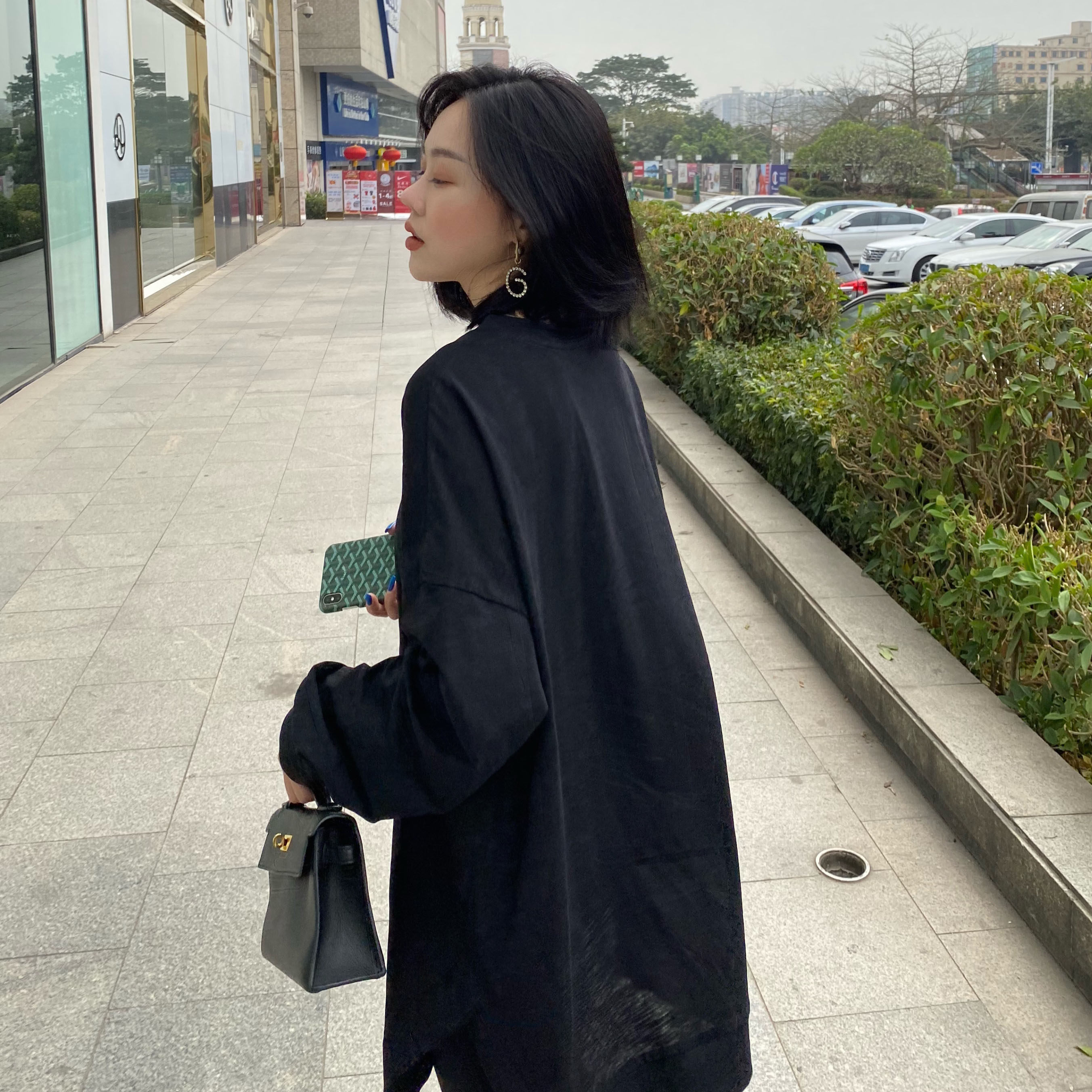 张芮妮 早春新品竹节棉长袖t恤 慵懒随意感纯色宽松简约休闲黑白