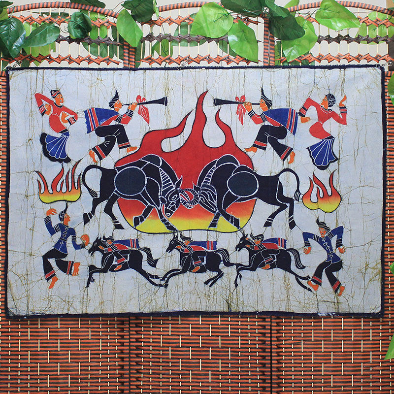 云南挂画背景布背景斗牛火把节装饰彝族酒吧客厅苗族蜡染