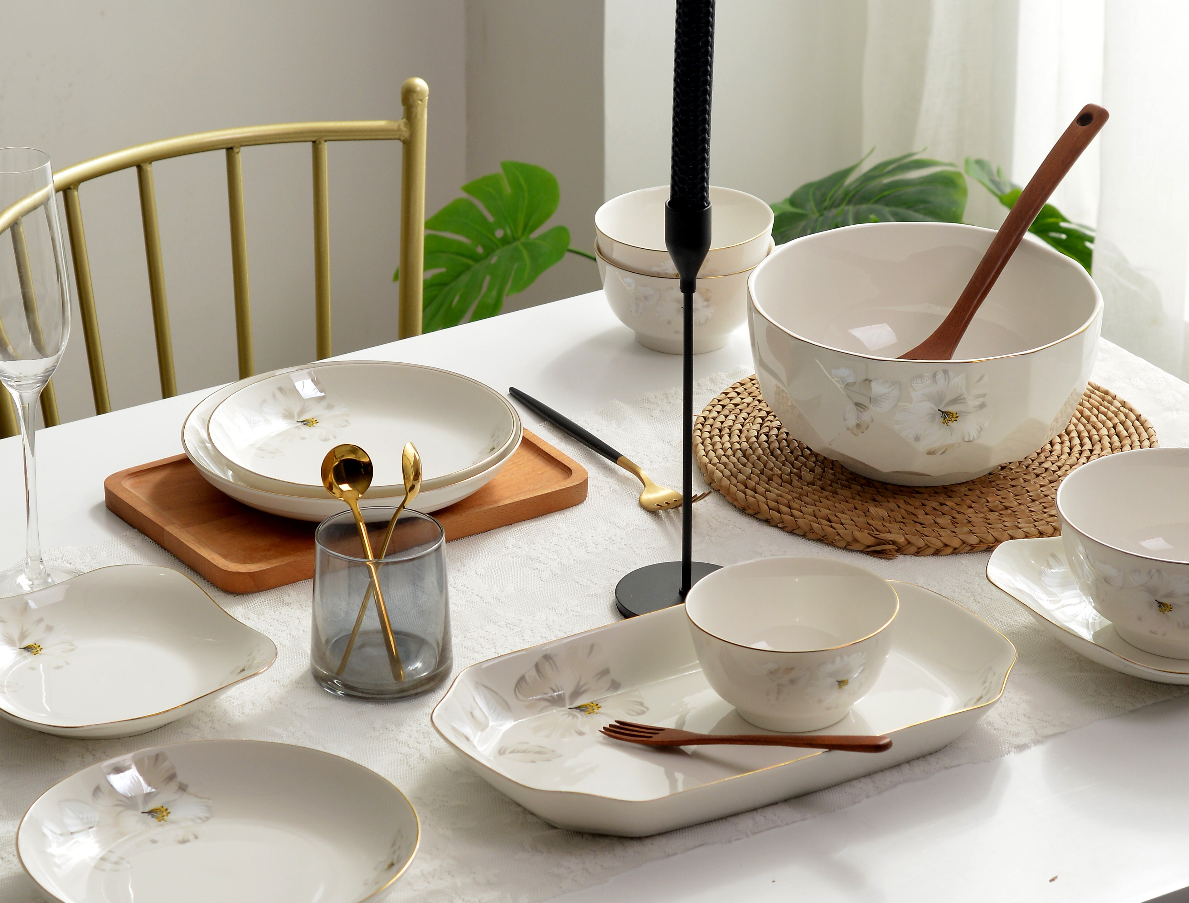 玉珑饭盘家用餐具套装网红爆款餐盘金边陶瓷碗