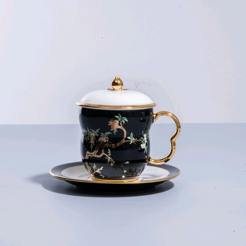 华祥苑杯子茶具石榴家园240ml商务一黑一白礼盒整套茶具