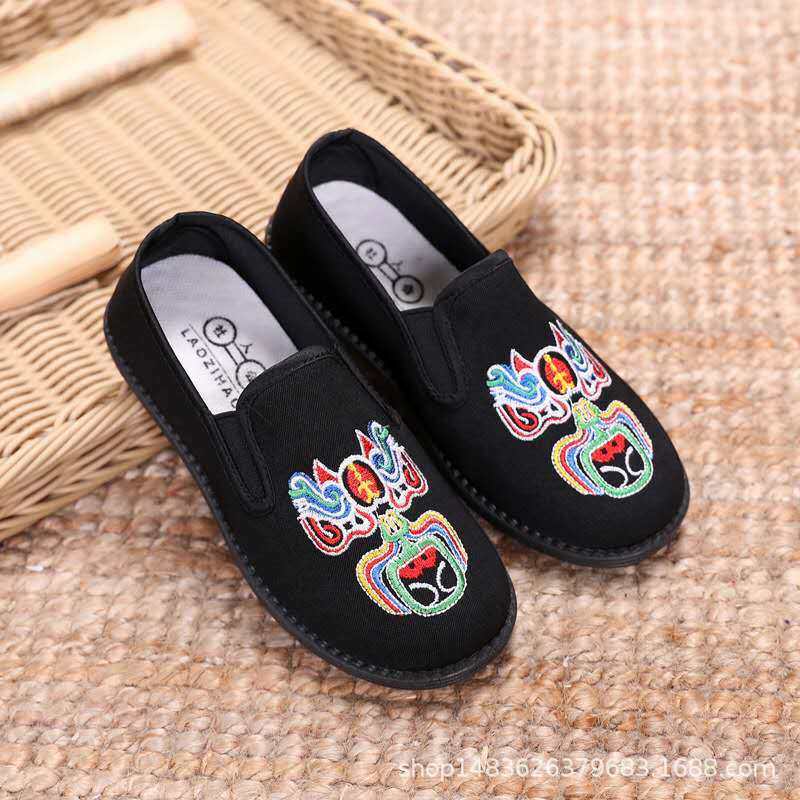 幼儿演出儿童刺绣脸谱学生黑色圆口男童软底防滑透气表演北京布鞋