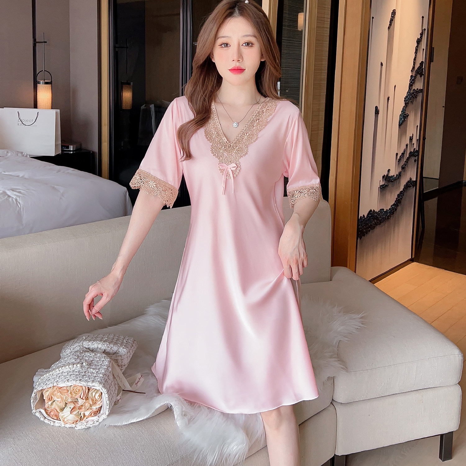 睡衣女士夏季冰丝短袖蕾丝性感丝绸睡裙高级睡裙