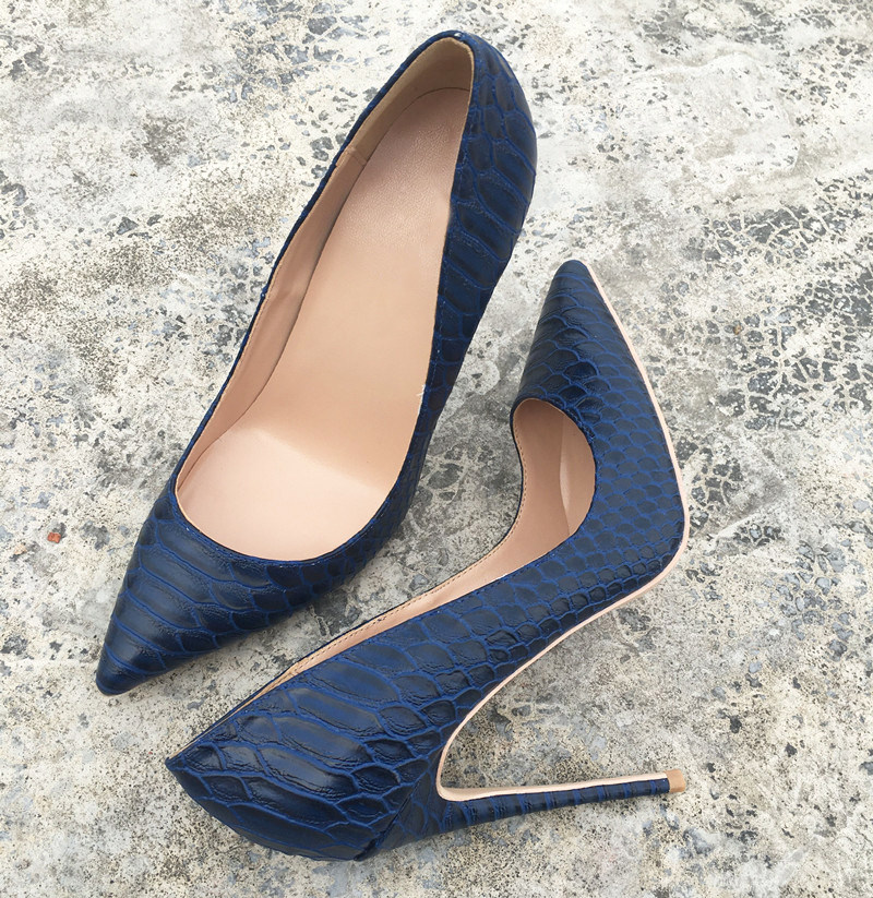 欧美新款深蓝色蛇纹尖头12cm超高高跟鞋性感细跟单鞋