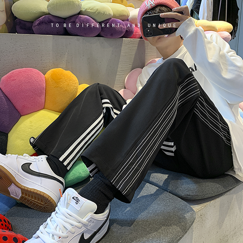 春秋运动痞帅条纹休闲长裤男欧美炸街裤子高街ins潮牌直筒裤春季