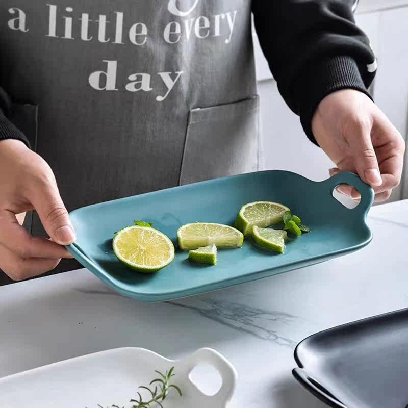 欧式简约陶瓷双耳西餐托盘长方形牛排纯色磨砂盘