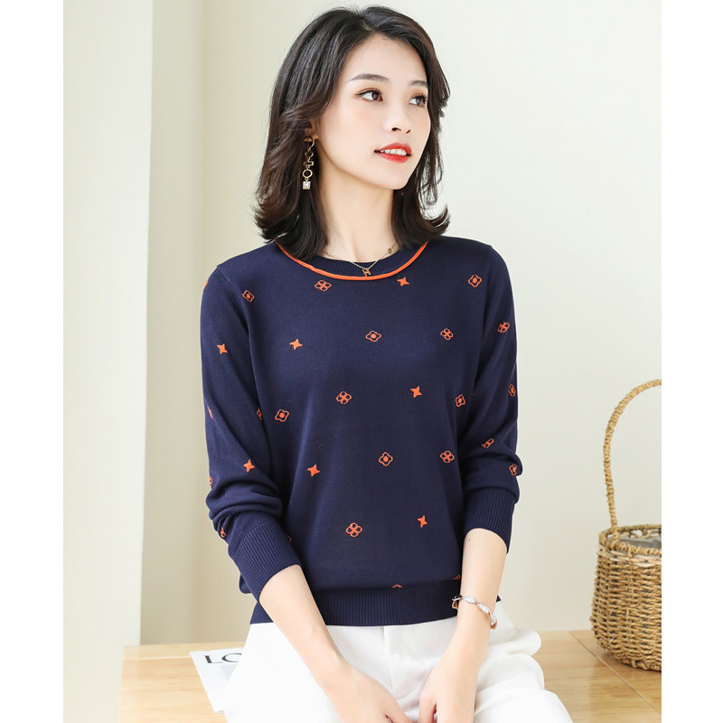 雪中针织衫圆领长袖提花天丝打底衫女薄款中年毛针织衫