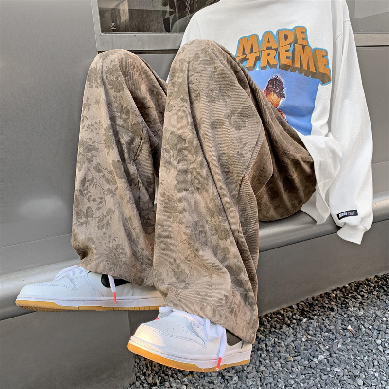 灯芯绒裤子男夏季薄款工艺印花直筒宽松美式复古垂感阔腿休闲长裤