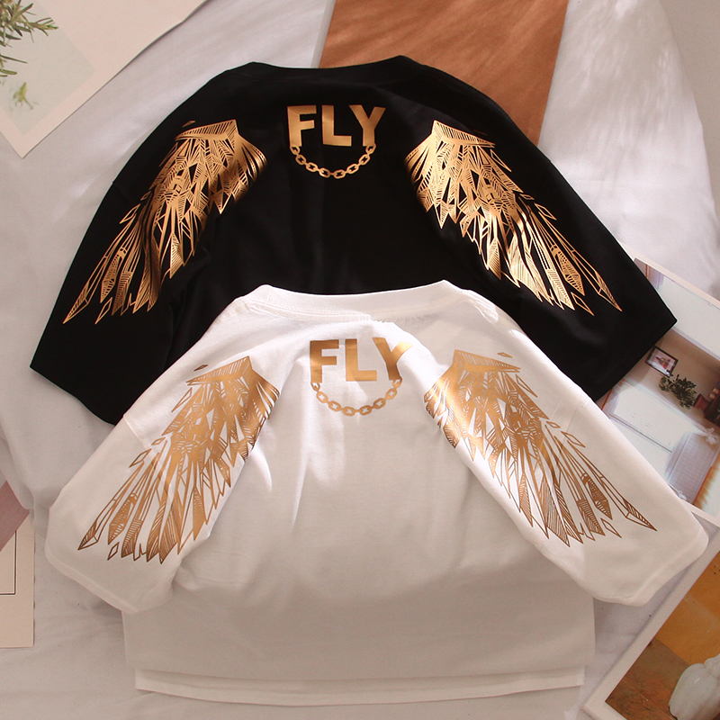 LAFLOF/劳夫洛夫2020国潮夏季情侣潮牌男女大码bf风棉短袖翅膀t恤