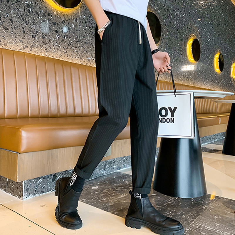 夏季裤子男潮流韩版西装裤条纹男裤子九分裤小脚裤直筒垂感休闲裤