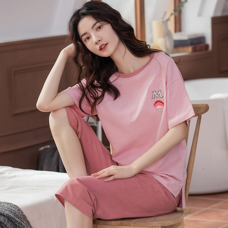 睡衣女夏纯棉短袖七分裤套装v领休闲外穿薄款中裤全棉家居服夏天