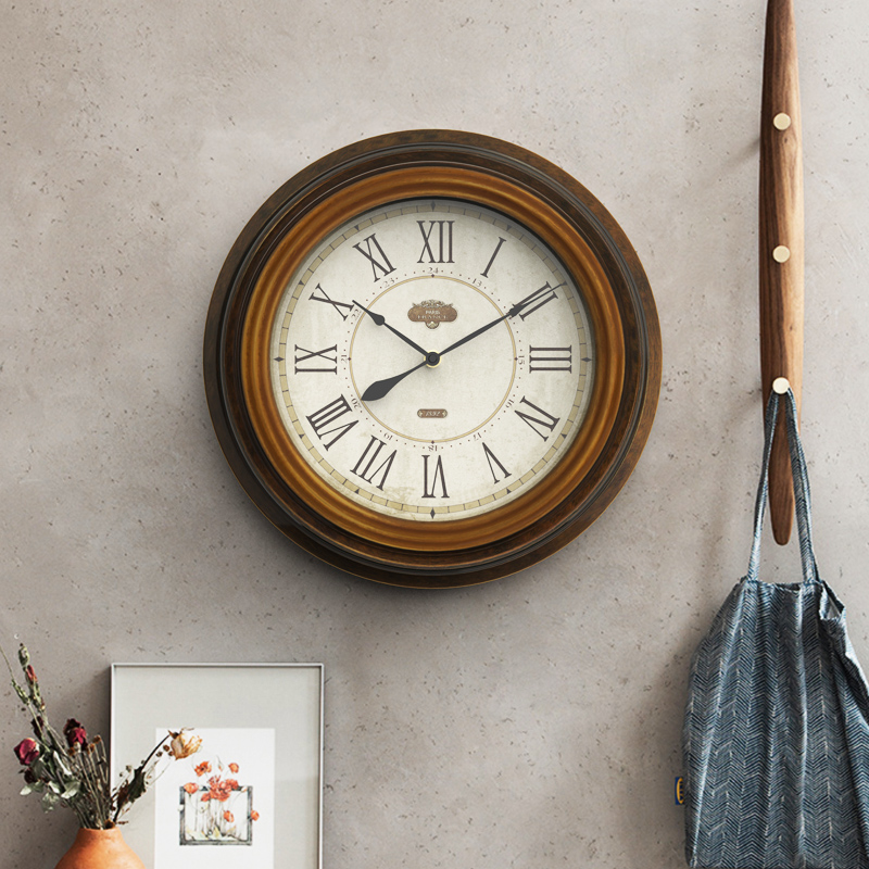 美式乡村怀旧挂钟表圆形 简欧式复古工业风 客厅田园静音北欧时钟