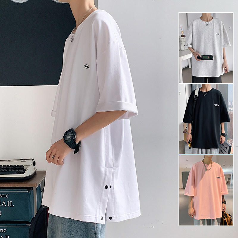 短袖t恤男潮牌2022夏季宽松五分袖纯棉体恤ins开叉排扣上衣打底衫