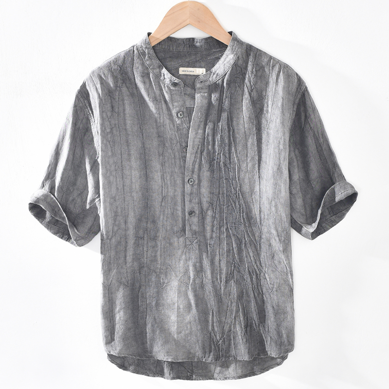 夏季男装亚麻料短袖T恤休闲宽松五分半袖中袖T恤复古棉麻布上衣服