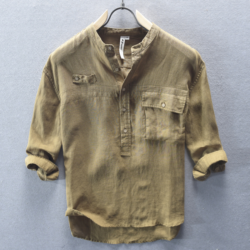 7七分半中袖t恤男装纯亚麻短袖日系复古宽松休闲立领棉麻布上衣服