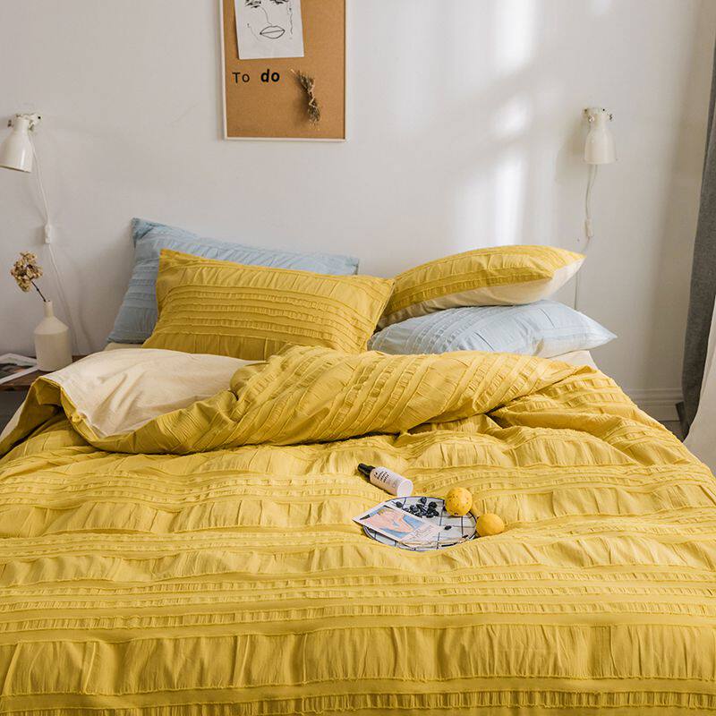新款立体棉床水洗黄色被套纯棉单极床品套件