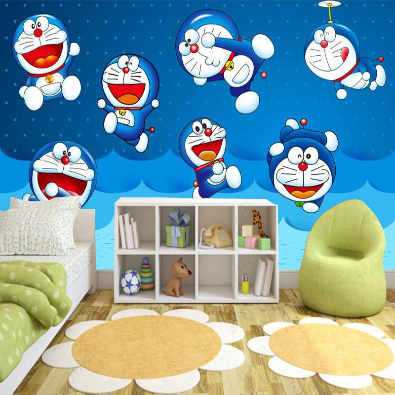 墙纸背景墙背景装饰蓝色幼儿园儿童贴画卡通叮当猫墙贴