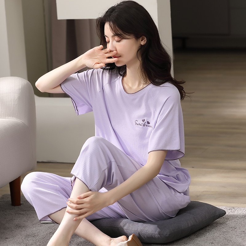 莫代尔裤中可外休闲冰丝家居服女生七分睡衣短袖睡衣