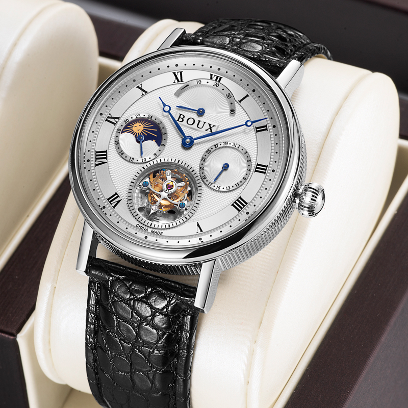 BOUX手表男镂空真陀飞轮机械表多功能月相日月星辰海鸥机芯ST8007