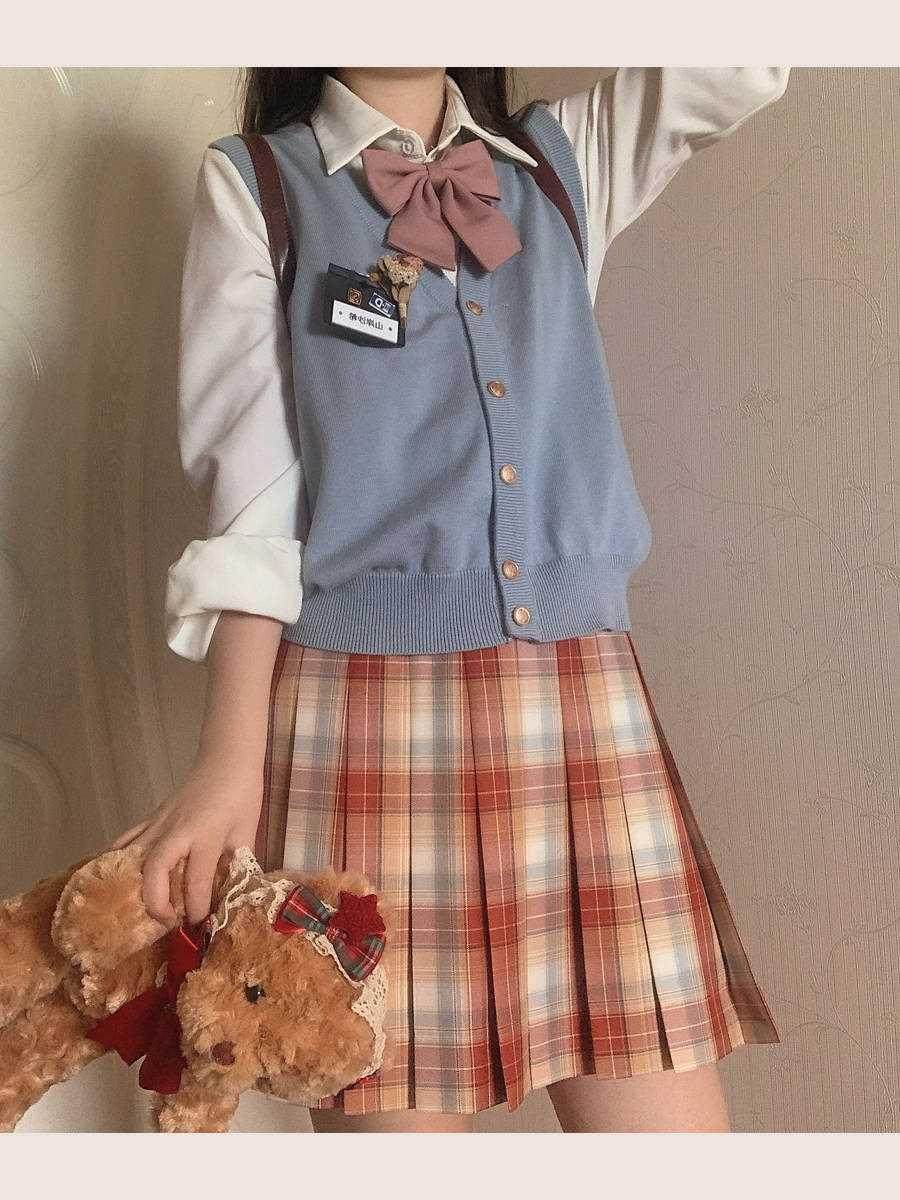 胡桃木jk小火火龙原创jk制服格裙橙黄蓝橘格洛丽塔