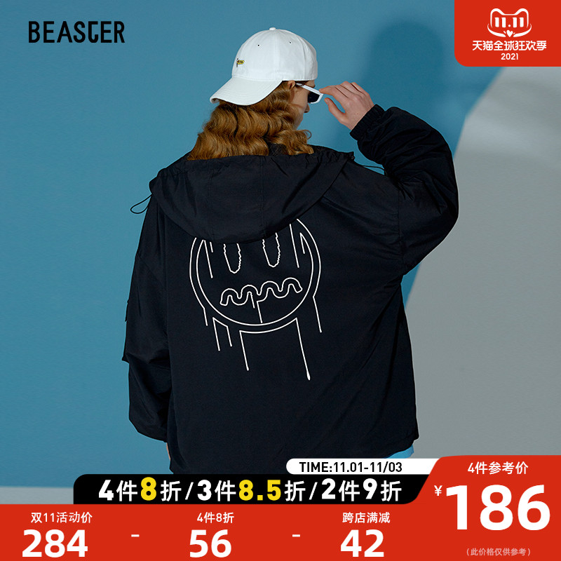 BEASTER春秋外套小恶魔鬼脸外衣反光标工装宽松连帽拉链装饰夹克