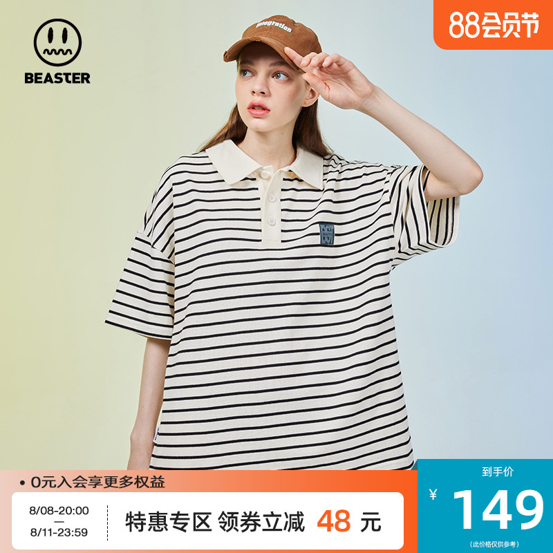 BEASTER小恶魔鬼脸条纹宽松翻领Polo衫时尚运动帅气简约短袖衣服