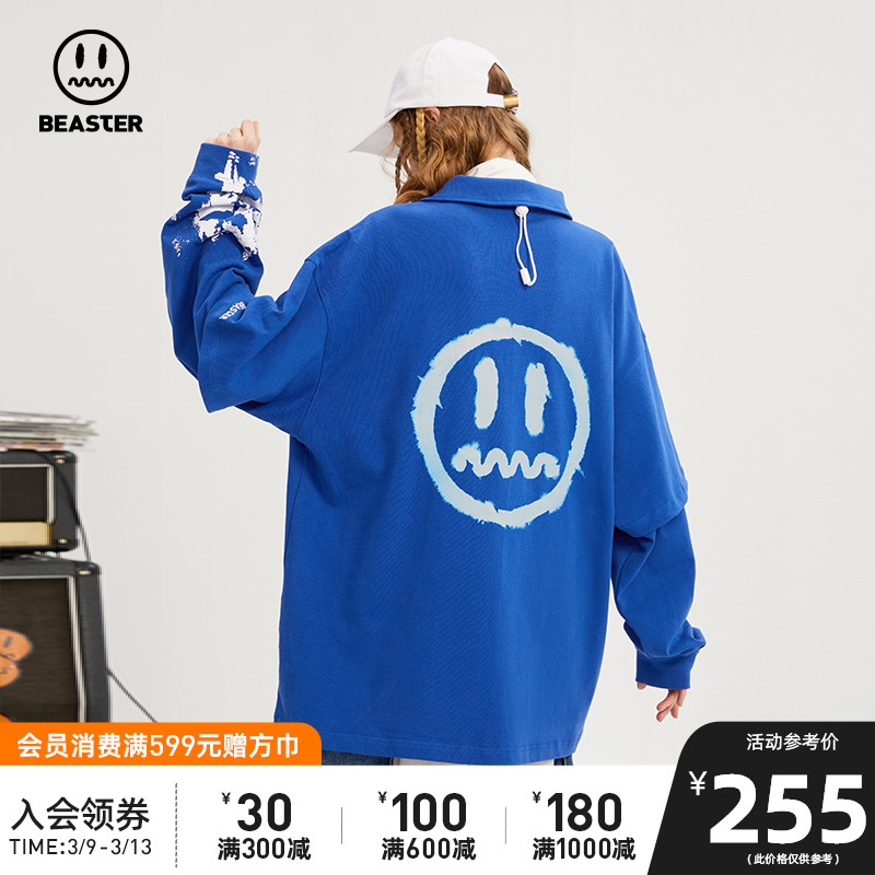 BEASTER小恶魔鬼脸潮流假两件T恤简约印花街头宽松休闲翻领POLO衫