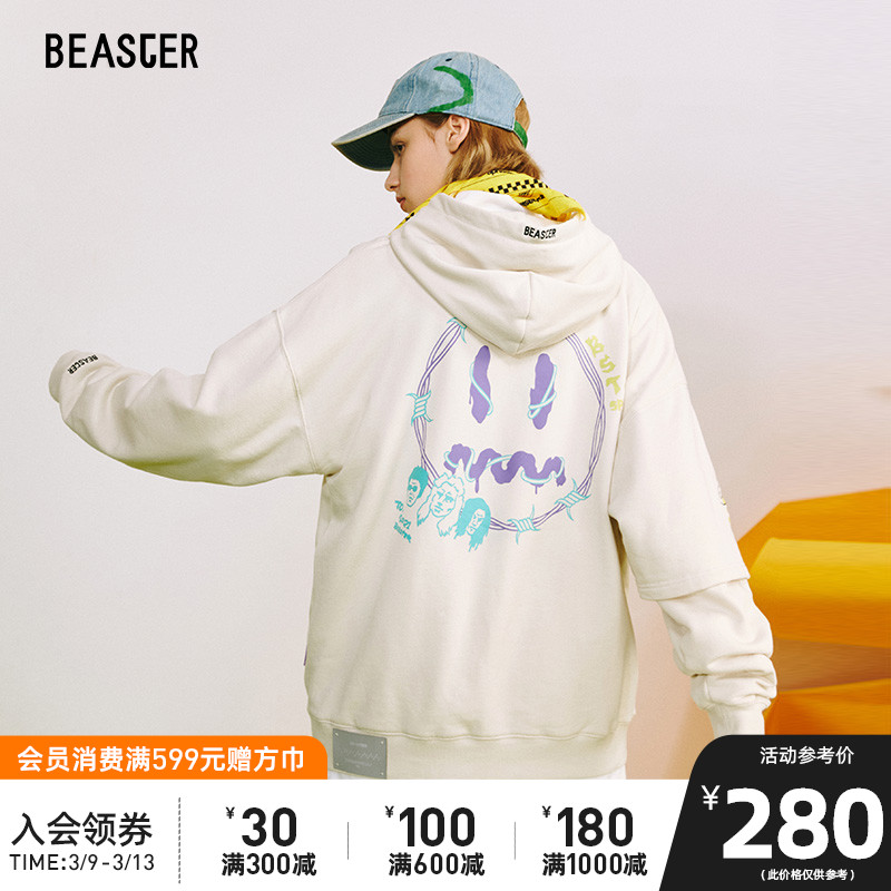 BEASTER小恶魔鬼脸不对称假两件袖子卫衣撞色图案宽松休闲连帽衫