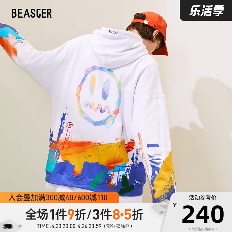 BEASTER小恶魔笑脸连帽卫衣潮牌彩笔印花时尚潮流情侣宽松连帽衫