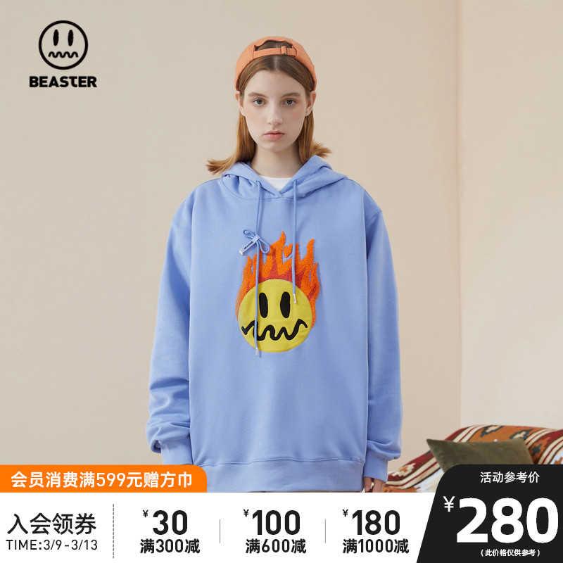 BEASTER小恶魔鬼脸趣味卡通印花卫衣港风情侣宽松落肩帽衫学生潮