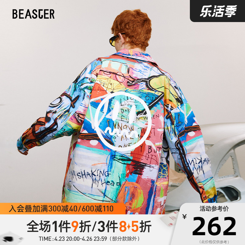BEASTER小恶魔鬼脸满印涂鸦衬衫抽象图案撞色新潮休闲宽松上衣男