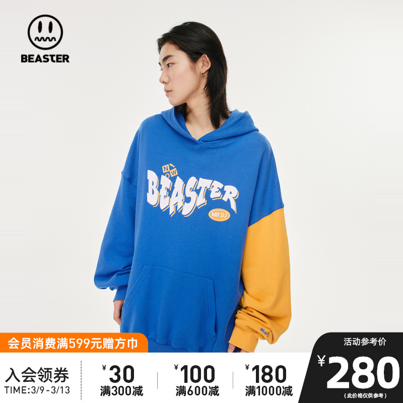 BEASTER小恶魔鬼撞色拼接字母印花连帽卫衣港风叠穿落肩休闲上衣