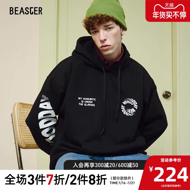 BEASTER小恶魔鬼脸潮流卫衣宽松休闲长袖潮slogan抽绳落肩连帽衫