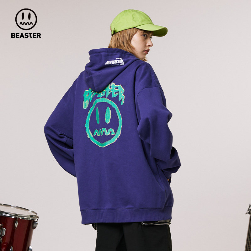 beaster小恶魔鬼脸潮流音乐印花连帽卫衣机能风运动休闲落肩上衣