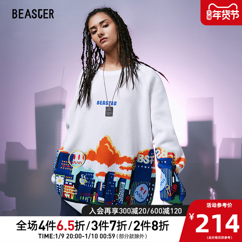 BEASTER小恶魔笑脸毛衣潮牌城市印花潮流宽松情侣圆领针织衫毛衫