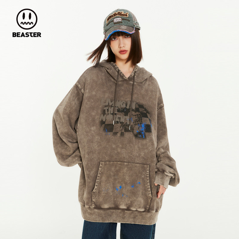 beaster小恶魔鬼脸水洗复古卫衣街头潮流做旧时尚卫衣