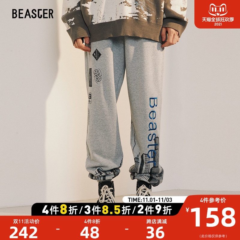 BEASTER小恶魔鬼脸长裤抽绳刺绣新款国潮个性时尚宽松运动休闲裤