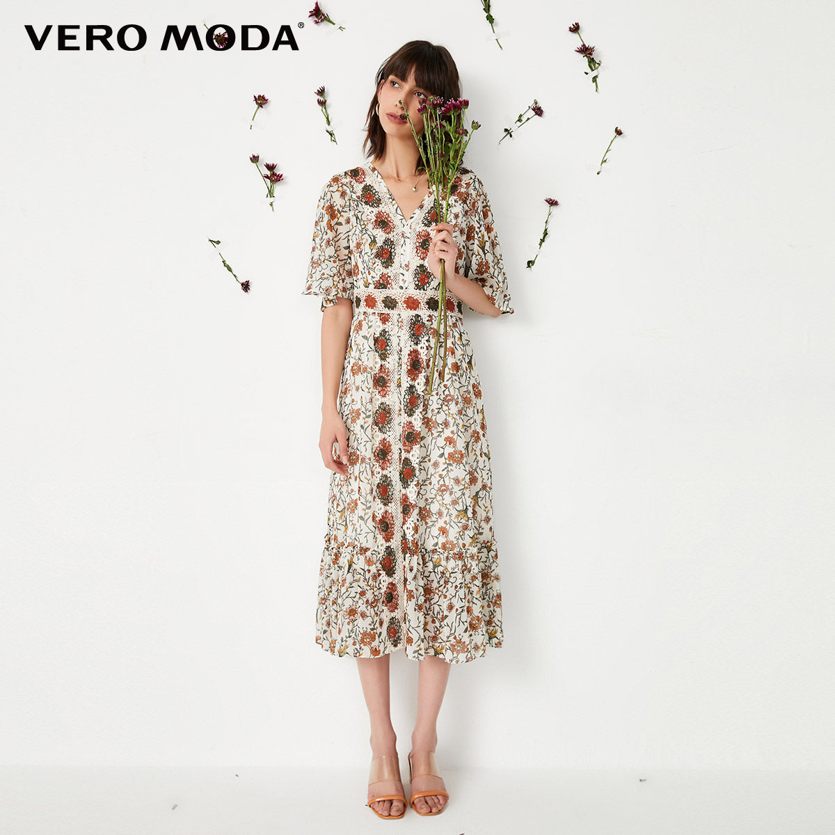 veromoda2021春秋ins印花领度度假长款气质连衣裙连衣裙